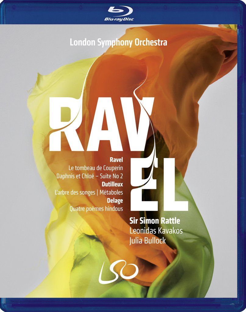 Cover of the London Symphony Orchestra DVD ‘Ravel: Le Tombeau de Couperin; Dutilleux: L’arbre des Songes’ featuring an abstract yellow, orange, and green design.